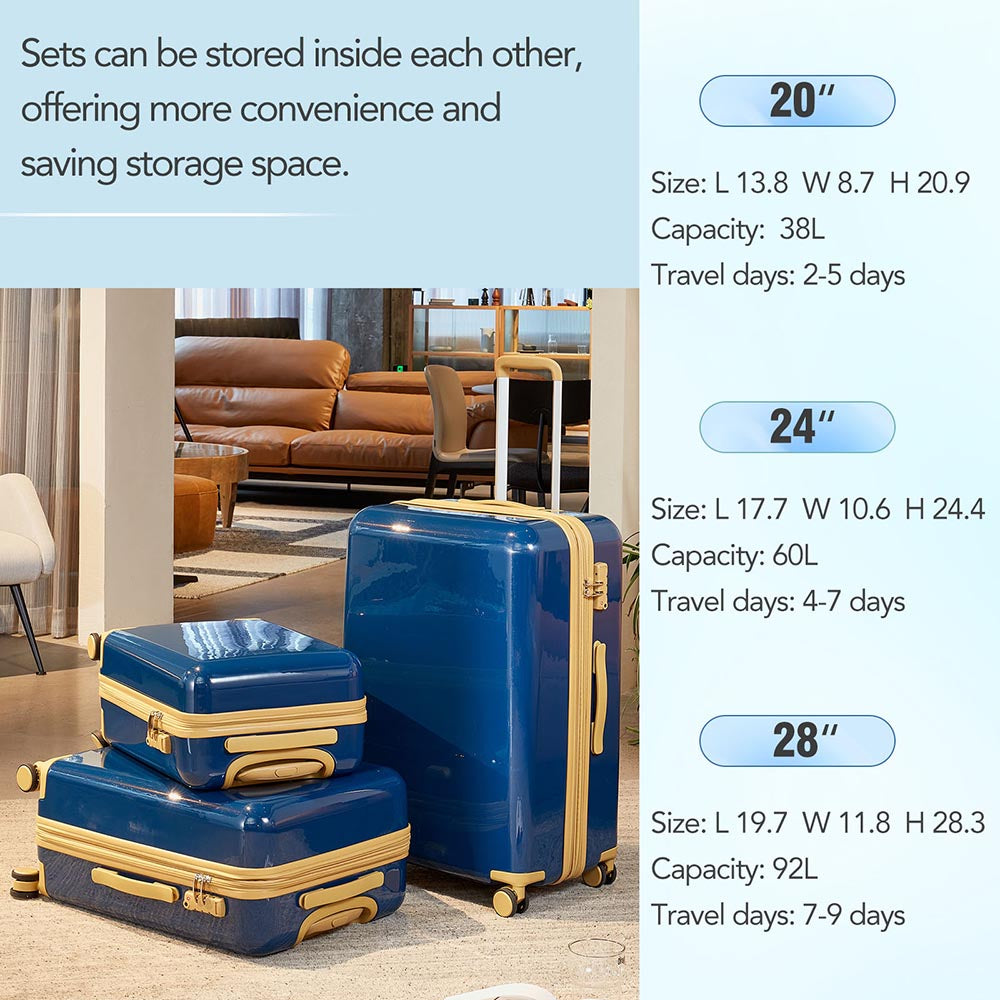 3 Piece Lightweight Hard-shell PC Luggage Sets double spinner 8 wheels Suitcase with TSA Lock - Blue_11