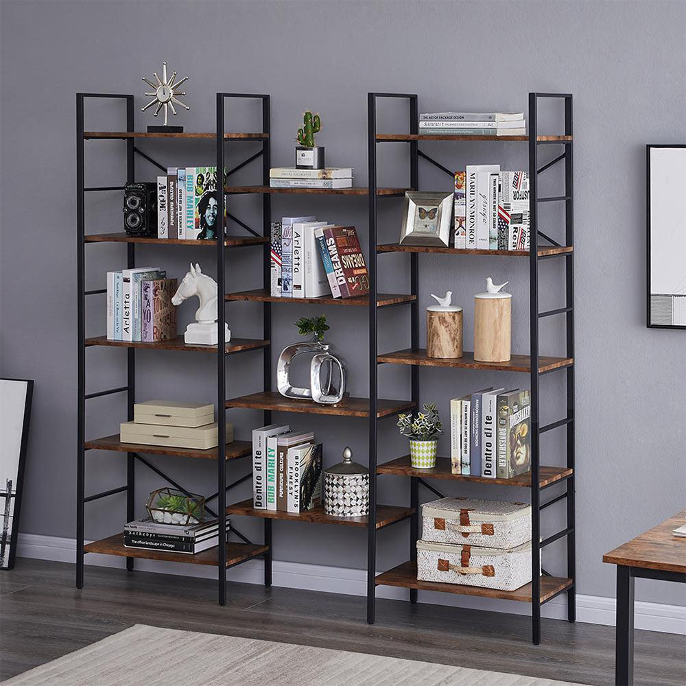 Triple Wide 5-Tier Industrial Bookshelf - Grey_1