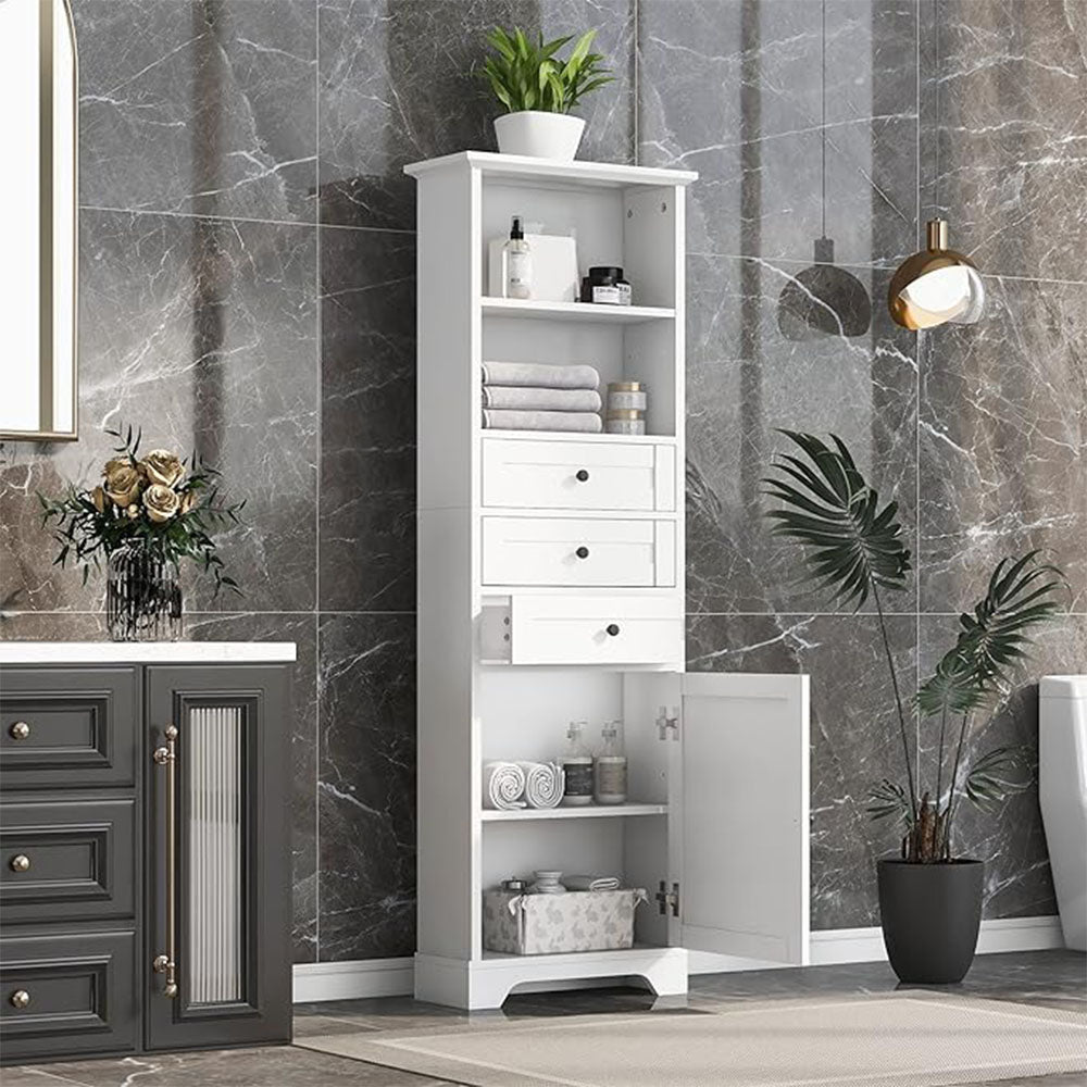 Tall Storage Cabinet with Adjustable Shelves & 3 Drawers - White_5