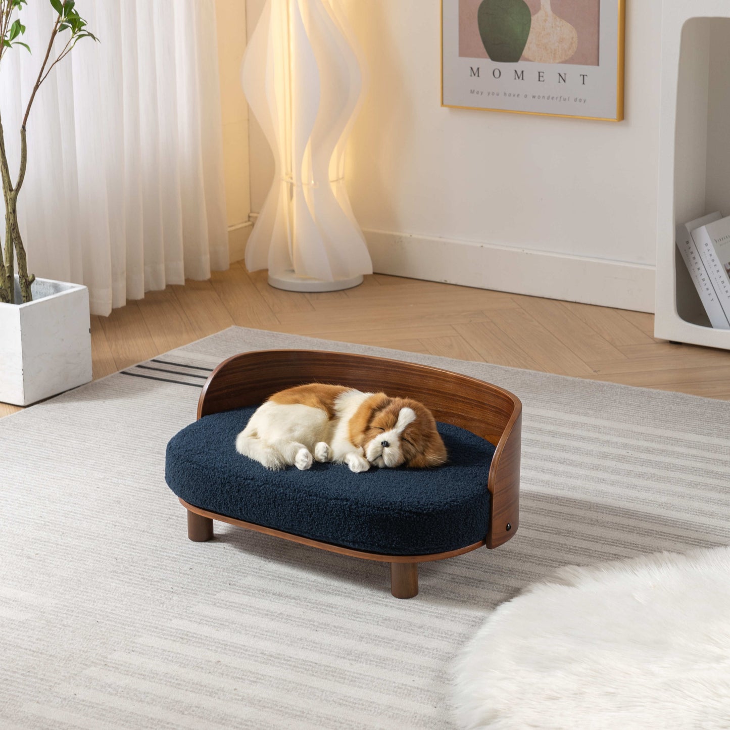 Scandinavian Style Elevated Dog Bed Walnut Wood Dark Blue Cushion_4