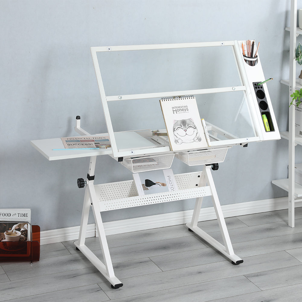 Tempered Glass Adjustable Drafting Table - White_9