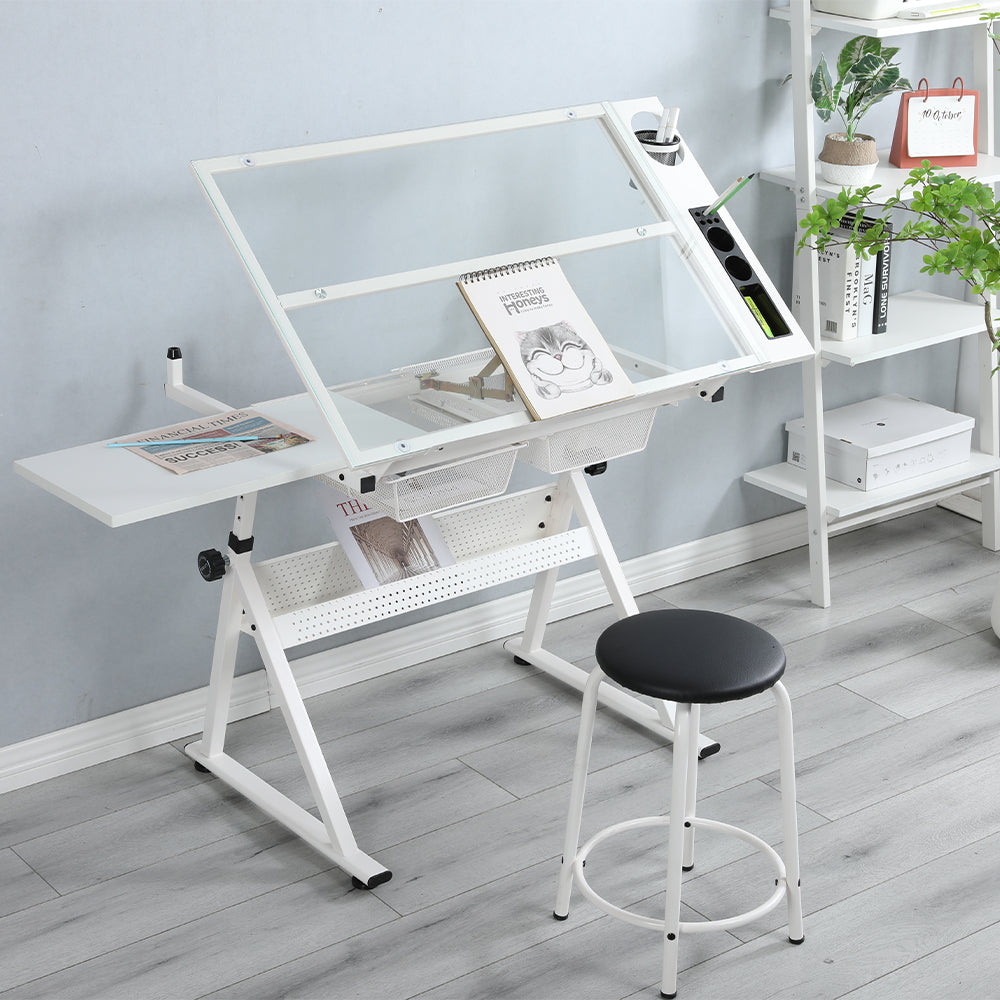 Tempered Glass Adjustable Drafting Table - White_1