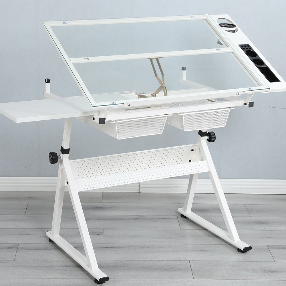 Tempered Glass Adjustable Drafting Table - White_2