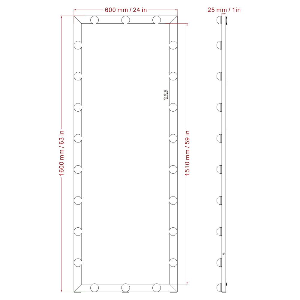 63x24 Inch Hollywood Full-Length Lighted Mirror, 3 Color Modes, Touch Control, - Black_1
