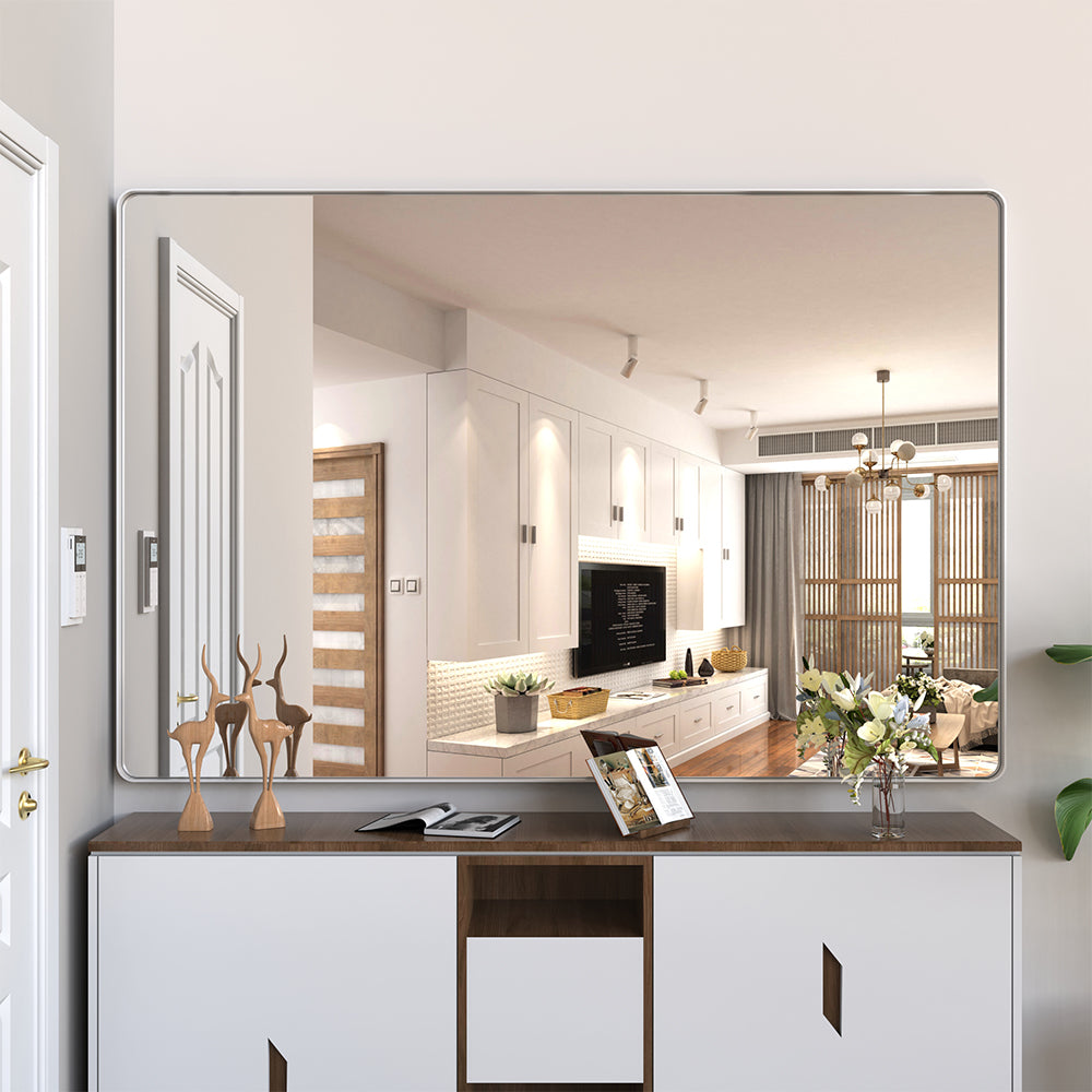 72x48 Inch Oversized Wall Mirror with Removable Tray - Silver Aluminum Frame_1