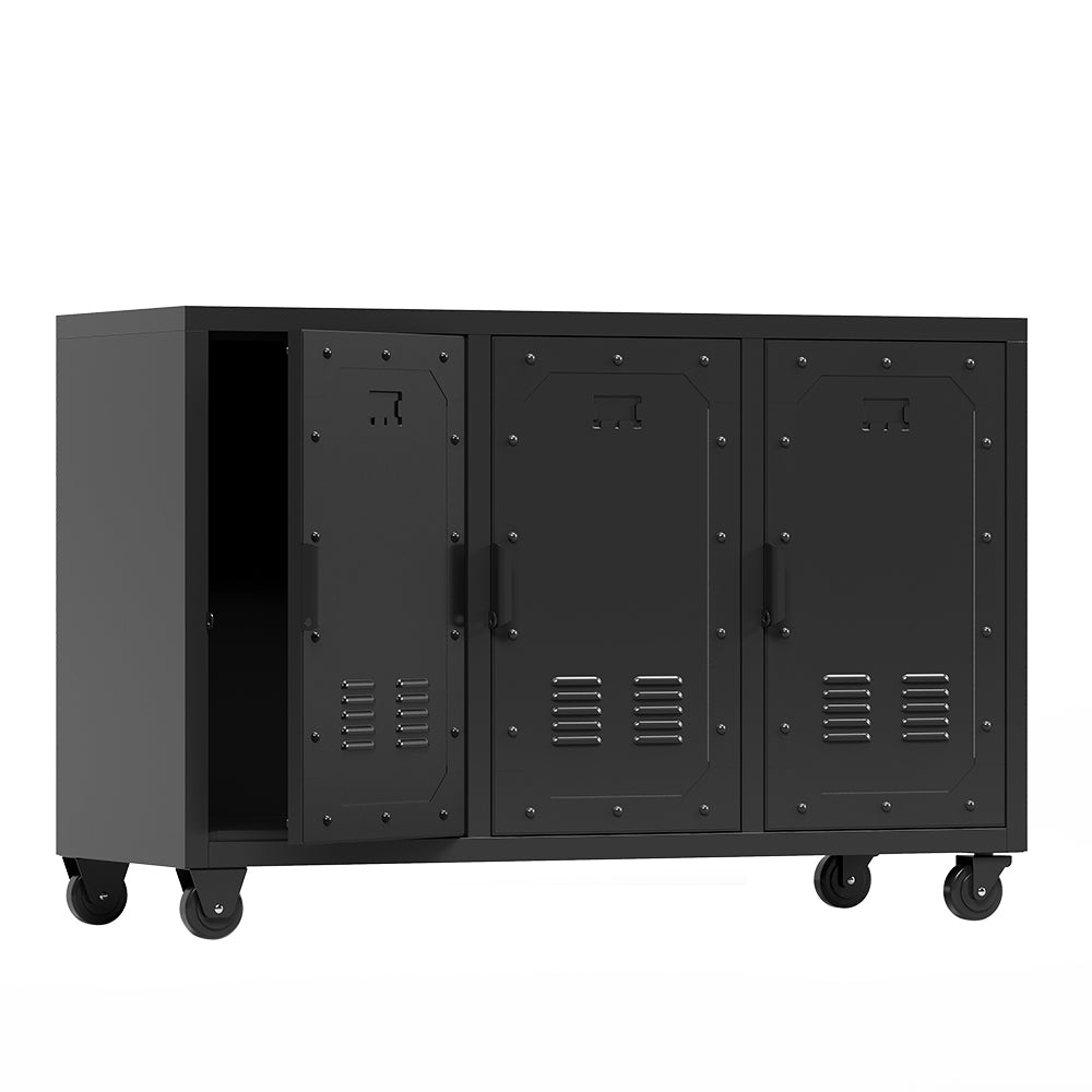 3-Door Metal Storage Cabinet on Wheels - Black_1