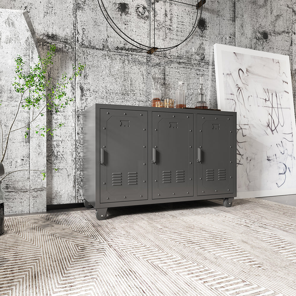 3-Door Metal Storage Cabinet on Wheels - Black_2