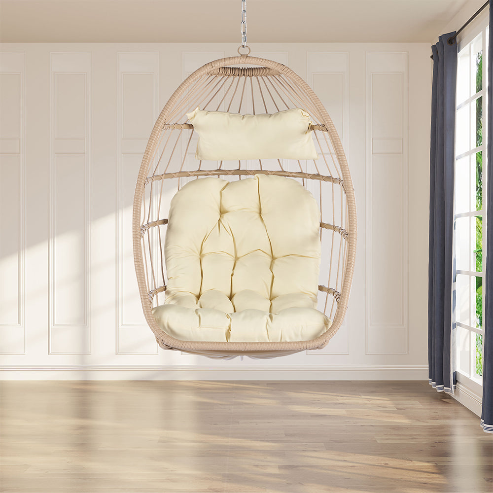 Rattan Egg Swing Hanging Chair - Wood, Khaki Cushion_6