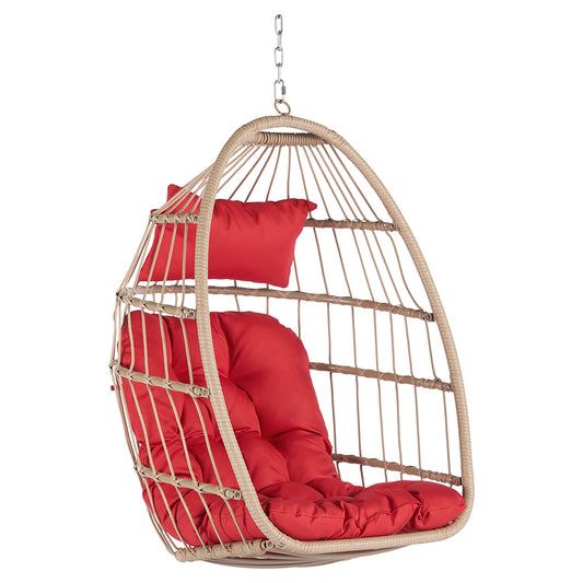 Rattan Egg Swing Hanging Chair - Wood, Red Cushion_0