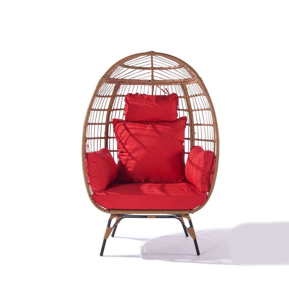 Wicker Egg Chair for Indoor/Outdoor - Steel Frame, Red Cushion_0