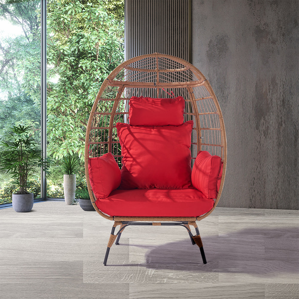 Wicker Egg Chair for Indoor/Outdoor - Steel Frame, Red Cushion_3