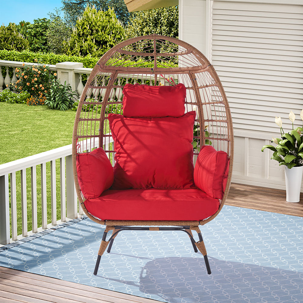 Wicker Egg Chair for Indoor/Outdoor - Steel Frame, Red Cushion_1