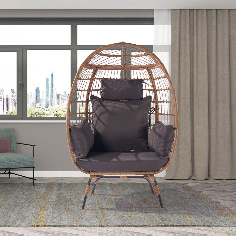 Wicker Egg Chair with Dark Grey Cushions - Indoor/Outdoor, Steel Frame_2