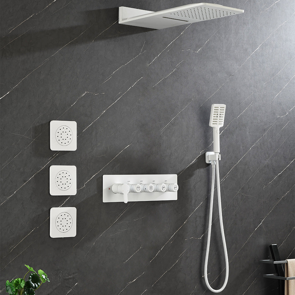 Wall Mounted Waterfall Rain Shower System 3 Body Sprays & Handheld Shower - White_1