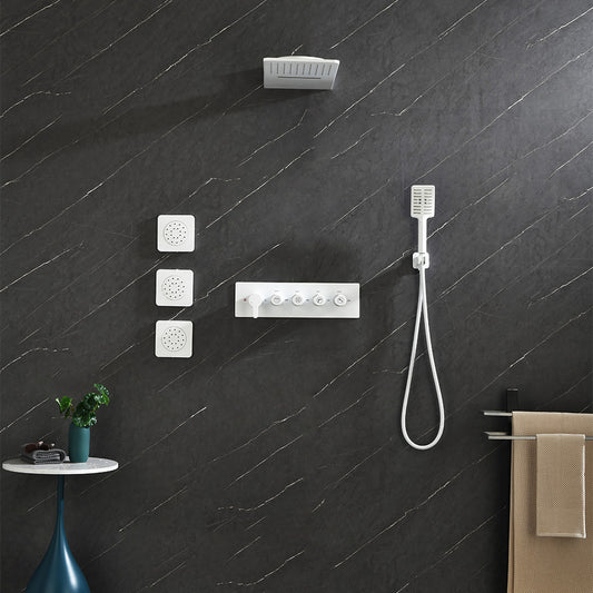Wall Mounted Waterfall Rain Shower System 3 Body Sprays & Handheld Shower - White_0