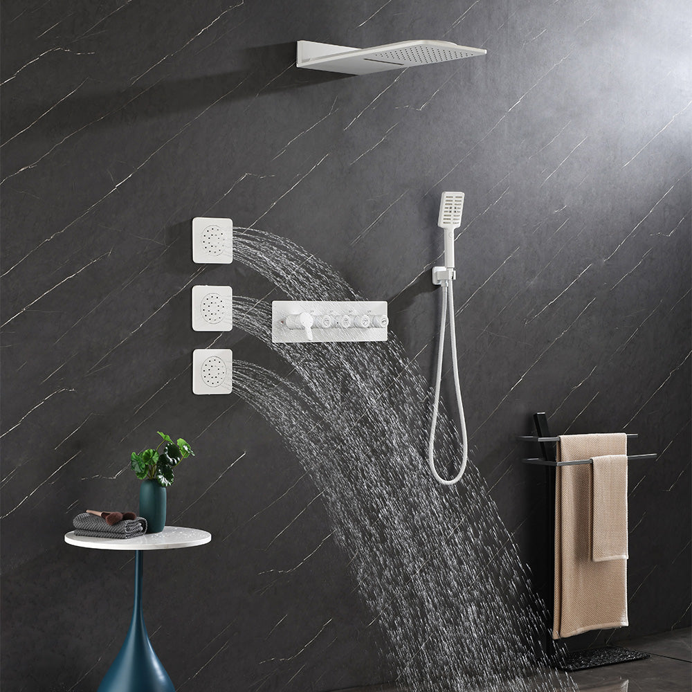 Wall Mounted Waterfall Rain Shower System 3 Body Sprays & Handheld Shower - White_2