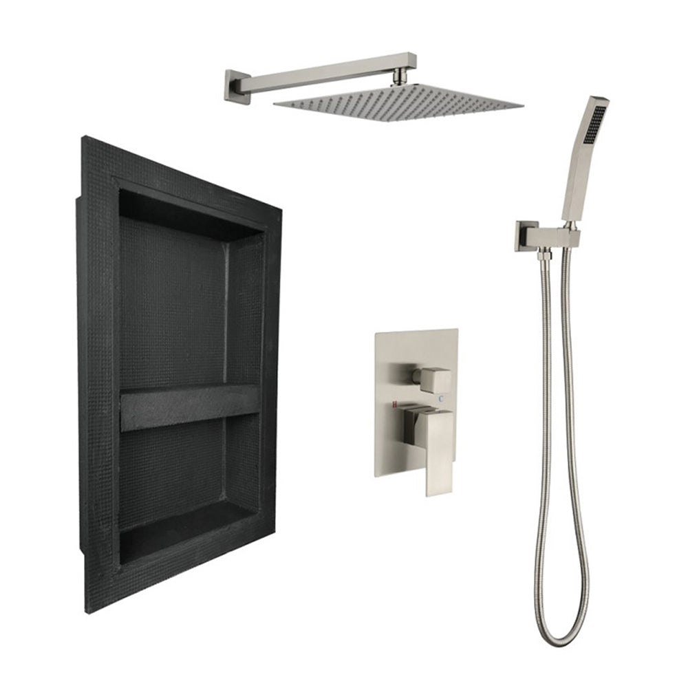 Shower System with Head Hand Shower Hose Valve Trim Lever Handles and Niche - Brushed Nickel_0