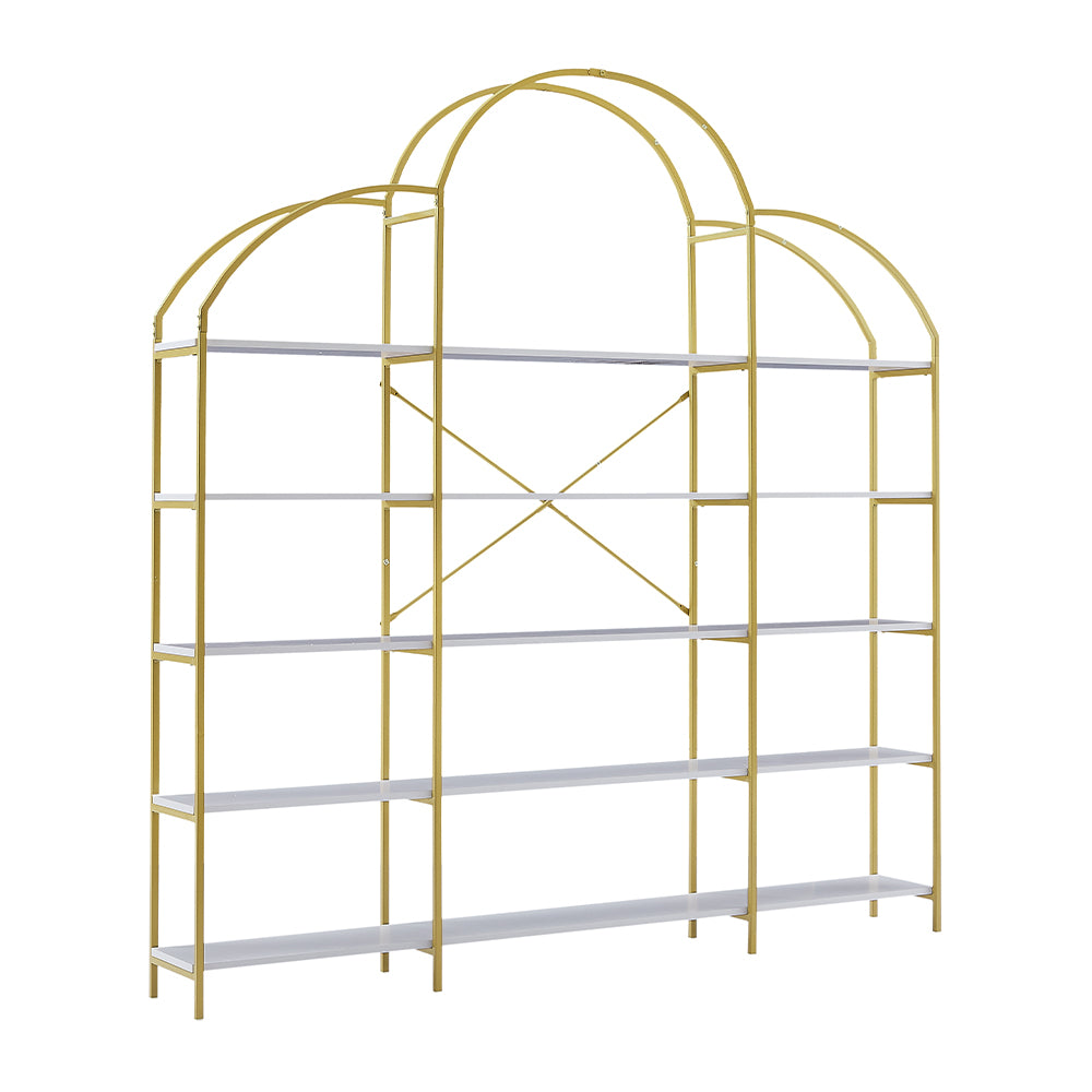 5-Tier Bookcase with Round Top and Gold X-Bar Frame_7