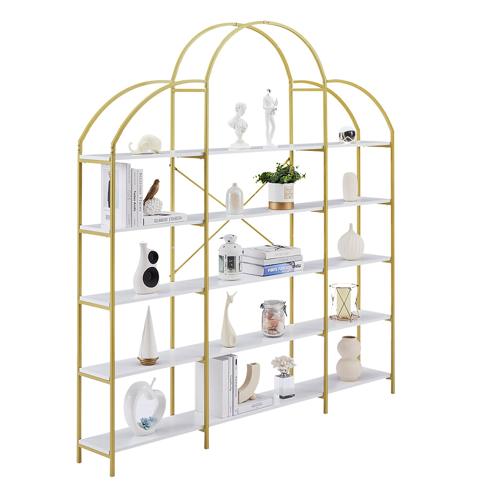 5-Tier Bookcase with Round Top and Gold X-Bar Frame_4