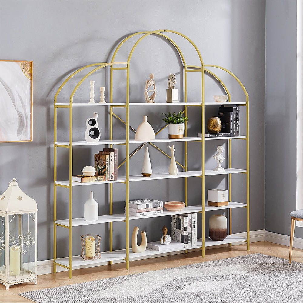 5-Tier Bookcase with Round Top and Gold X-Bar Frame_3
