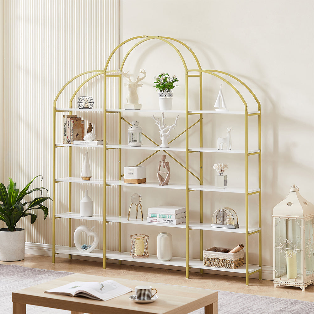 5-Tier Bookcase with Round Top and Gold X-Bar Frame_2