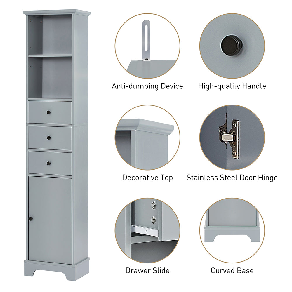Tall Bathroom Cabinet with 3 Drawers & Adjustable Shelf - Grey_4