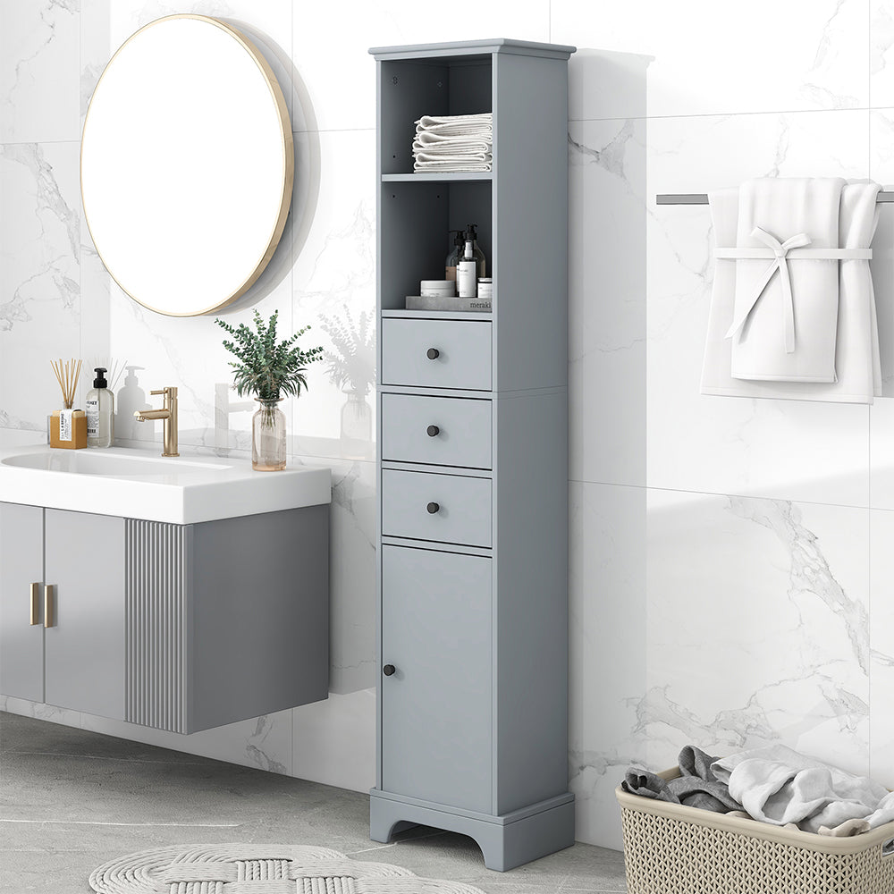 Tall Bathroom Cabinet with 3 Drawers & Adjustable Shelf - Grey_3