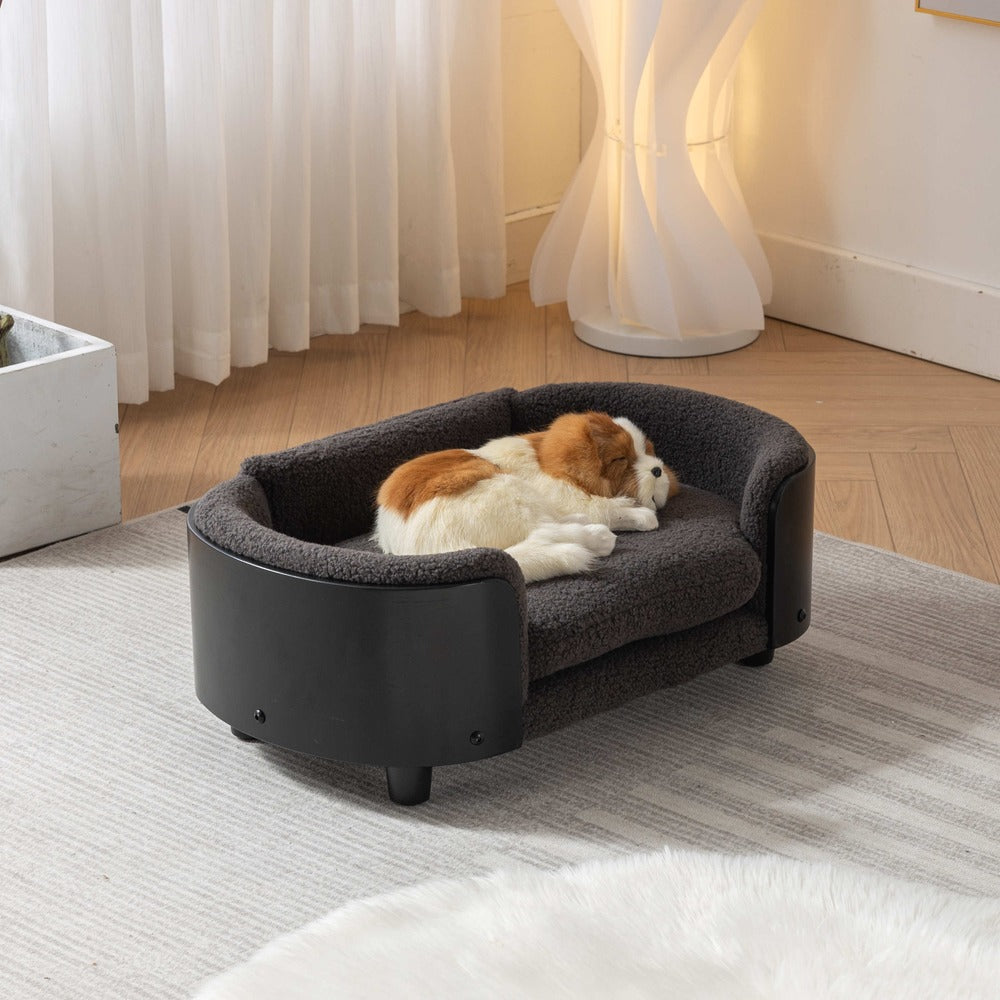 Scandinavian Dog Bed Solid Wood Legs Black Bent Back Cashmere Cushion Small_4