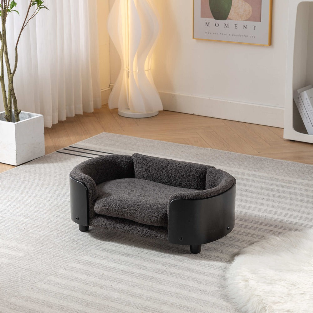 Scandinavian Dog Bed Solid Wood Legs Black Bent Back Cashmere Cushion Small_5