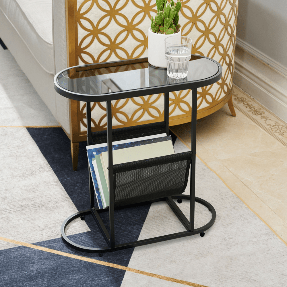 Set of 2 Glass Oval Side Tables Living Room Magazine Organizer_1