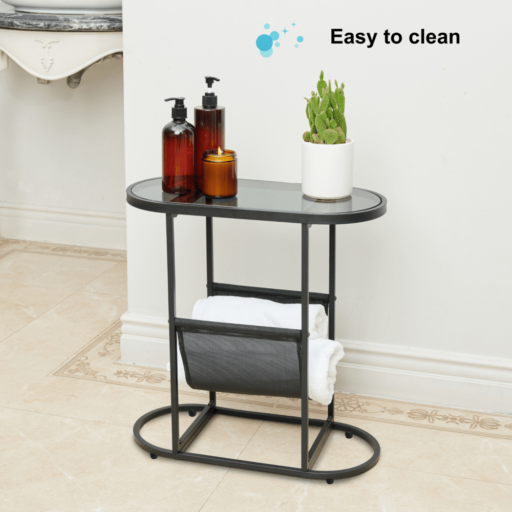 Set of 2 Glass Oval Side Tables Living Room Magazine Organizer_2