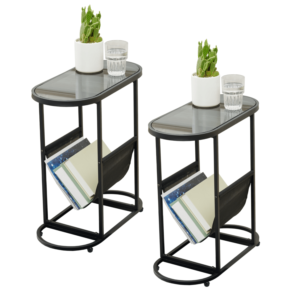 Set of 2 Glass Oval Side Tables Living Room Magazine Organizer_3