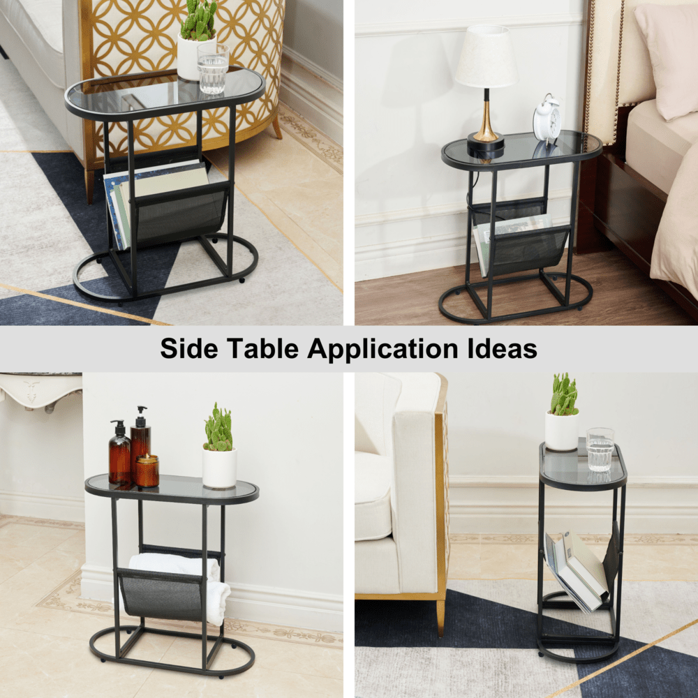 Set of 2 Glass Oval Side Tables Living Room Magazine Organizer_5
