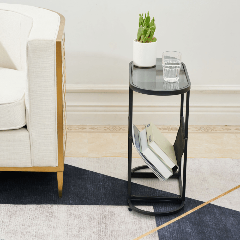Set of 2 Glass Oval Side Tables Living Room Magazine Organizer_9