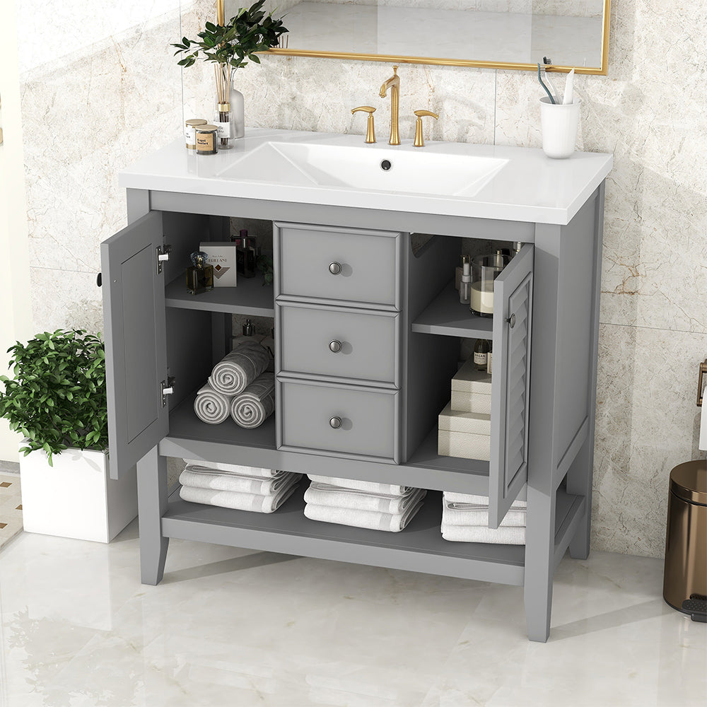 36 Inch Bathroom Vanity with Ceramic Basin, Cabinets, Drawers & Shelf - Grey_2