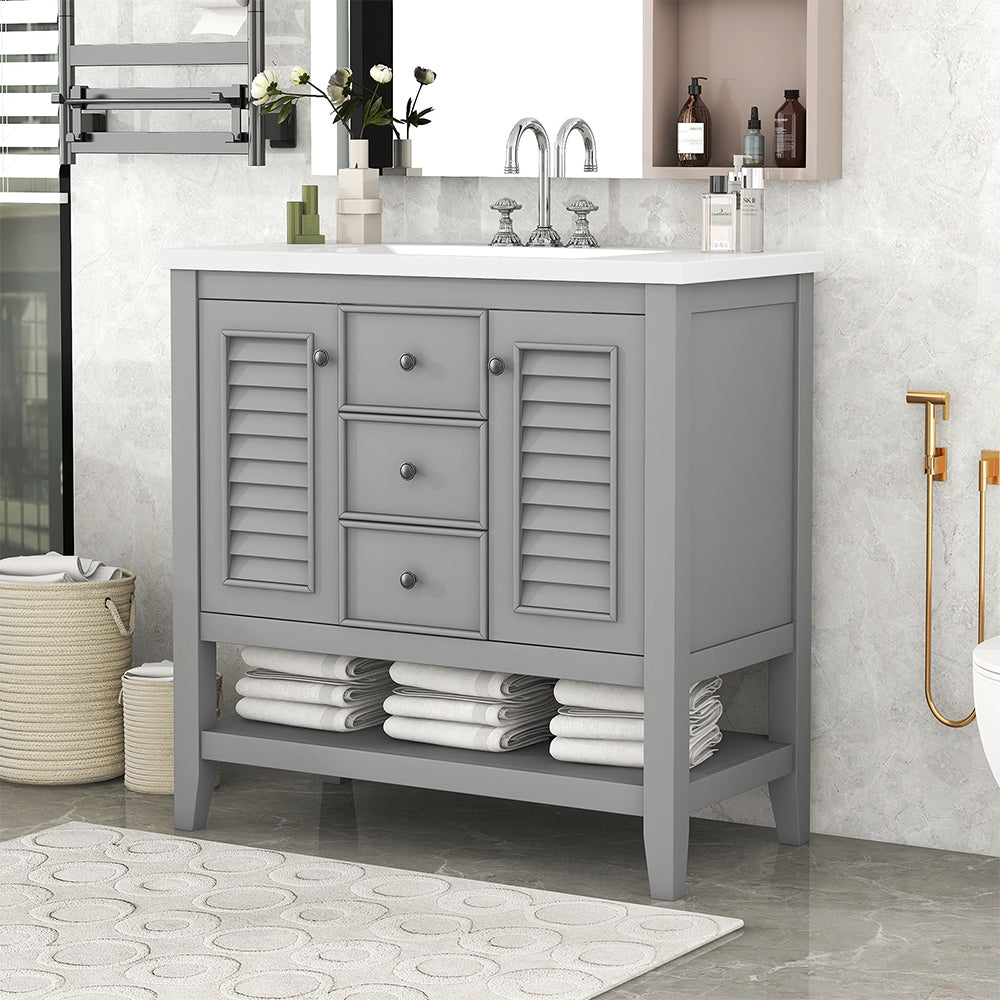 36 Inch Bathroom Vanity with Ceramic Basin, Cabinets, Drawers & Shelf - Grey_3