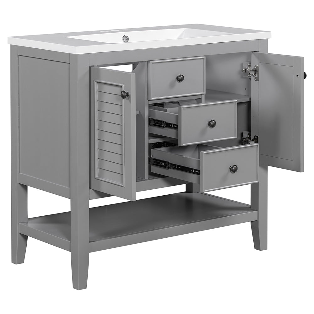 36 Inch Bathroom Vanity with Ceramic Basin, Cabinets, Drawers & Shelf - Grey_4