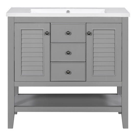 36 Inch Bathroom Vanity with Ceramic Basin, Cabinets, Drawers & Shelf - Grey_0