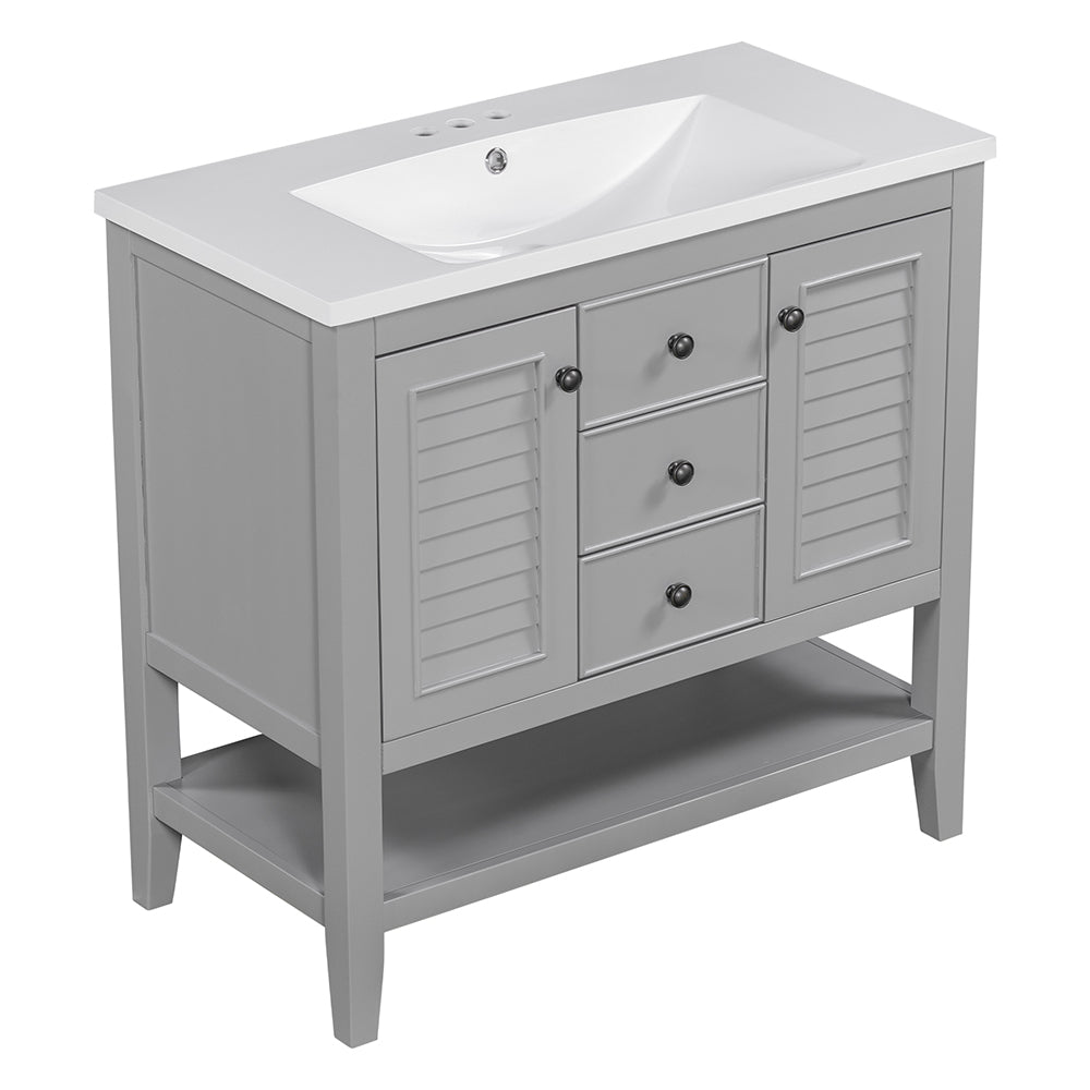 36 Inch Bathroom Vanity with Ceramic Basin, Cabinets, Drawers & Shelf - Grey_7