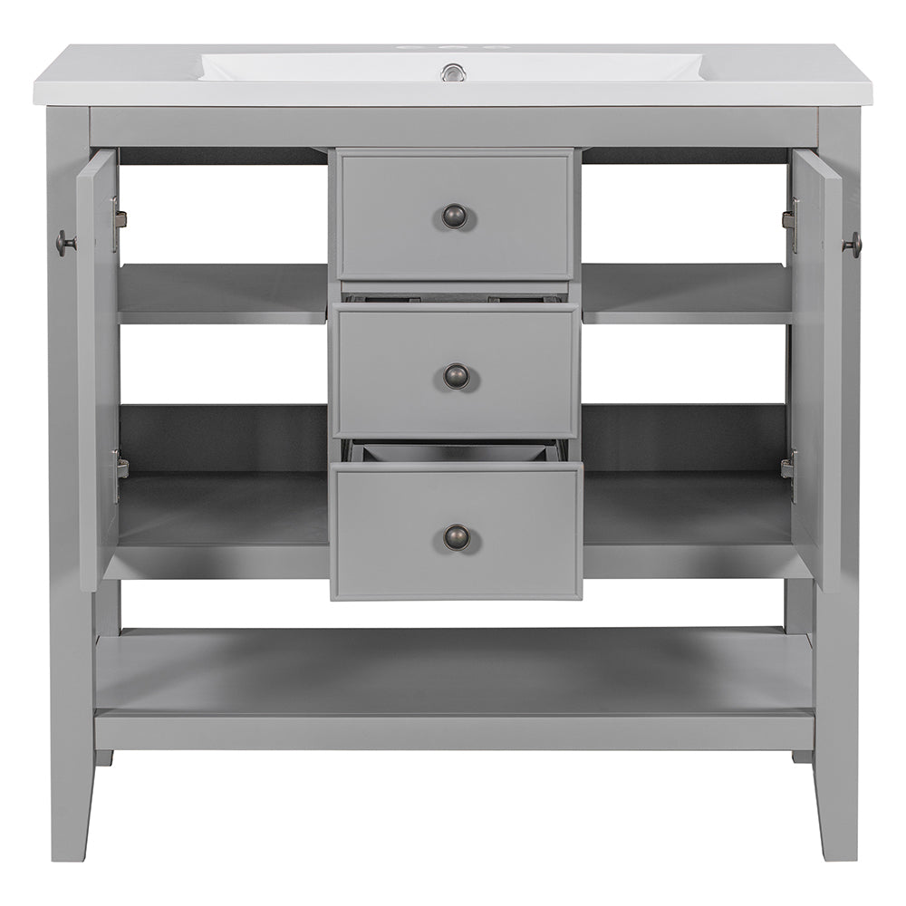 36 Inch Bathroom Vanity with Ceramic Basin, Cabinets, Drawers & Shelf - Grey_1