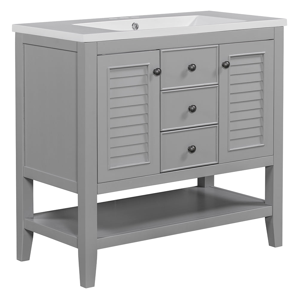 36 Inch Bathroom Vanity with Ceramic Basin, Cabinets, Drawers & Shelf - Grey_6
