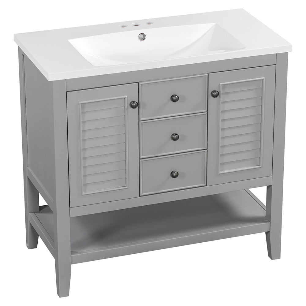 36 Inch Bathroom Vanity with Ceramic Basin, Cabinets, Drawers & Shelf - Grey_5