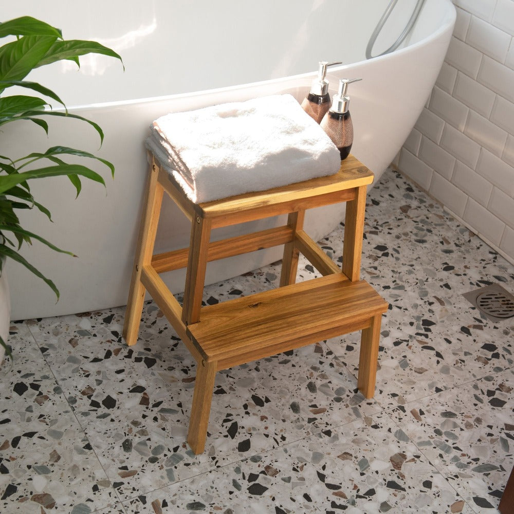 Acacia Wood Two Step Stool Small Size Strong Weight Capacity_9