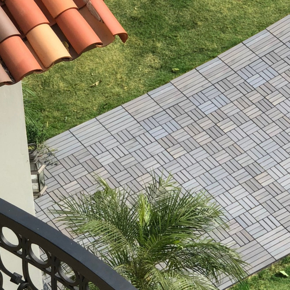 30 PCS Interlocking Deck Tiles Checker Pattern Light Gray Acacia Hardwood_7