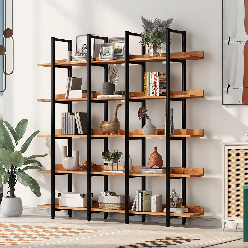 5-Tier Industrial Bookshelf with Metal Frame - Brown_5