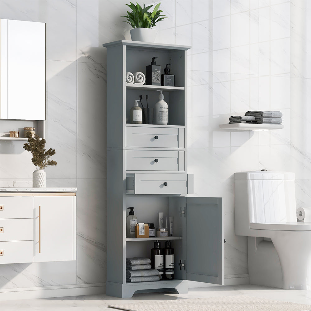 Tall Storage Cabinet with Adjustable Shelves & 3 Drawers - Grey_2