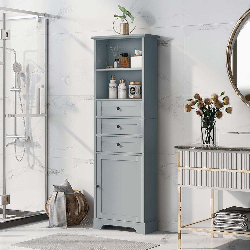 Tall Storage Cabinet with Adjustable Shelves & 3 Drawers - Grey_1