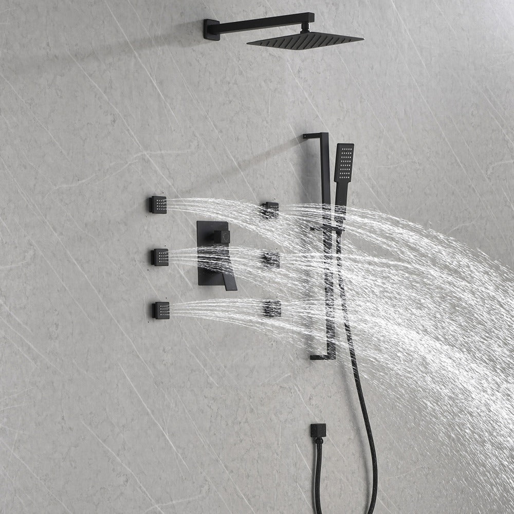 Wall Mounted Waterfall Rain Shower System With 3 Body Sprays & Handheld Shower - Black_6