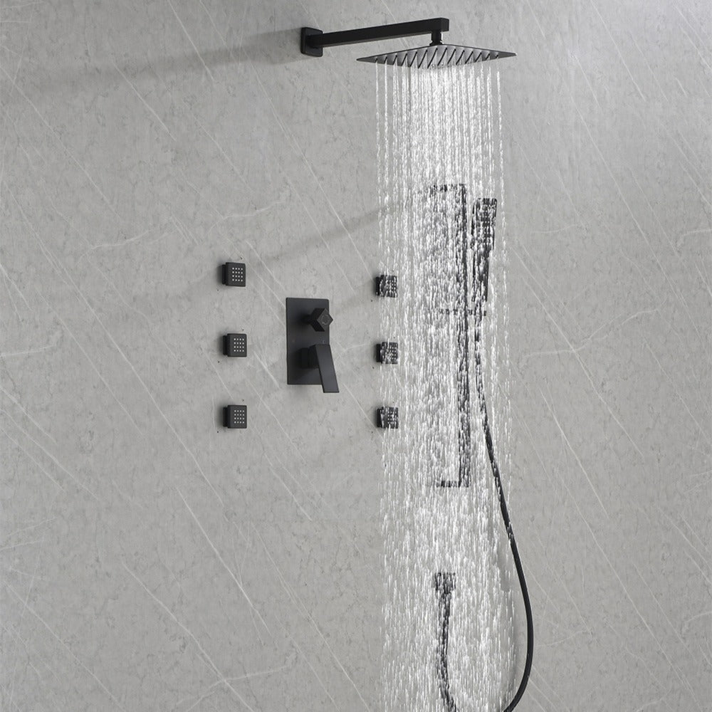 Wall Mounted Waterfall Rain Shower System With 3 Body Sprays & Handheld Shower - Black_7