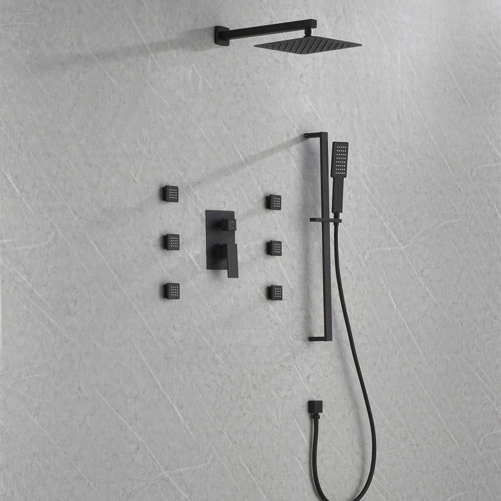Wall Mounted Waterfall Rain Shower System With 3 Body Sprays & Handheld Shower - Black_8